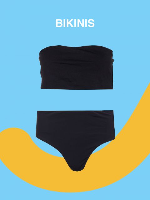 Bild eines schwarzen trägerlosen Bikini-Sets auf blauem Hintergrund mit einer gelben geschwungenen Form. Oben steht in weißen Buchstaben das Wort „BIKINIS“.