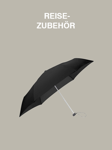 Ein schwarzer Regenschirm auf beigem Hintergrund mit dem deutschen Text „REISE-ZUBEHÖR“ darüber.