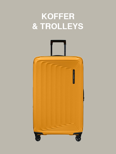 Ein gelber Hartschalenkoffer mit vier Rollen und schwarzem Griff steht zentriert auf einem einfarbigen Hintergrund. Über dem Koffer steht in weißen Großbuchstaben „KOFFER & TROLLEYS“.