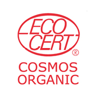 Rotes „ECOCERT“-Logo mit darunter stehender Aufschrift „COSMOS ORGANIC“ auf weißem Hintergrund.