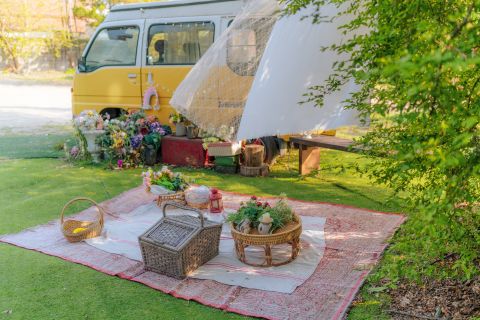 Ein gemütliches Picknick auf einer Rasenfläche mit einem gelben Lieferwagen in der Nähe. Die Szene umfasst einen geflochtenen Korb, Tabletts mit Essen und dekorative Blumen. Ein weißes Vordach spendet Schatten und schafft eine friedliche, rustikale Atmosphäre.