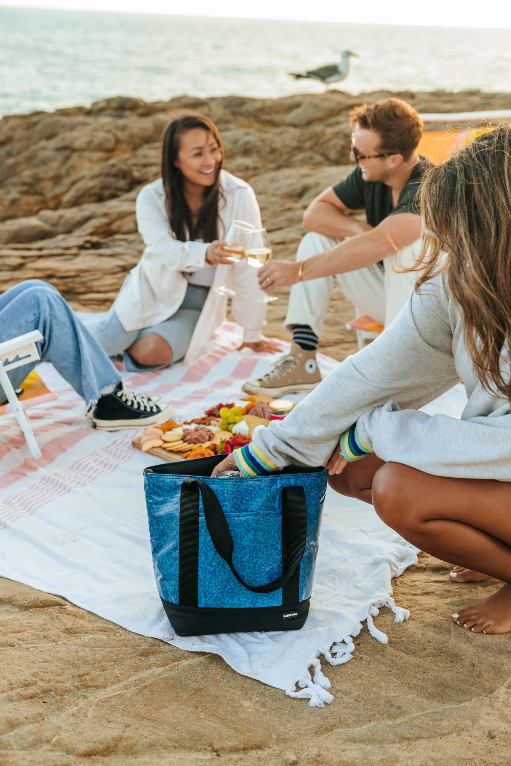 Vier Personen genießen ein Picknick an einem steinigen Strand. Sie sitzen auf einer Decke und essen verschiedene Snacks. Im Hintergrund ist das Meer mit einer Möwe zu sehen. Im Vordergrund ist eine blaue Kühltasche zu sehen. Es ist ein sonniger Tag.