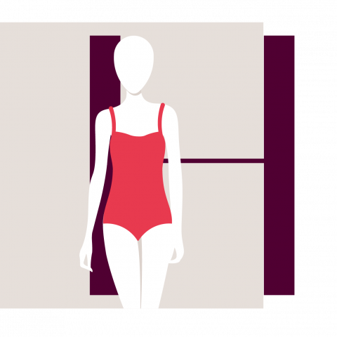 Illustration einer Schaufensterpuppe, die einen roten Badeanzug vor einem geometrischen Hintergrund mit beigen und dunkelvioletten Formen trägt. Die Figur ist gesichtslos und minimalistisch, was das Design des Badeanzugs hervorhebt.