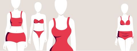 Abbildung von fünf Schaufensterpuppen, die verschiedene Arten roter Badeanzüge tragen, darunter einen Zweiteiler und einen Einteiler. Der Hintergrund ist in neutralem Beige gehalten.
