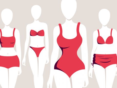 Abbildung von vier gesichtslosen Schaufensterpuppen, die verschiedene Arten von roten Badeanzügen tragen. Zu den Stilen gehören ein Zweiteiler mit bauchfreiem Oberteil, ein Bikini, ein einteiliger Badeanzug und ein Zweiteiler mit hoch tailliertem Unterteil. Neutraler Hintergrund.