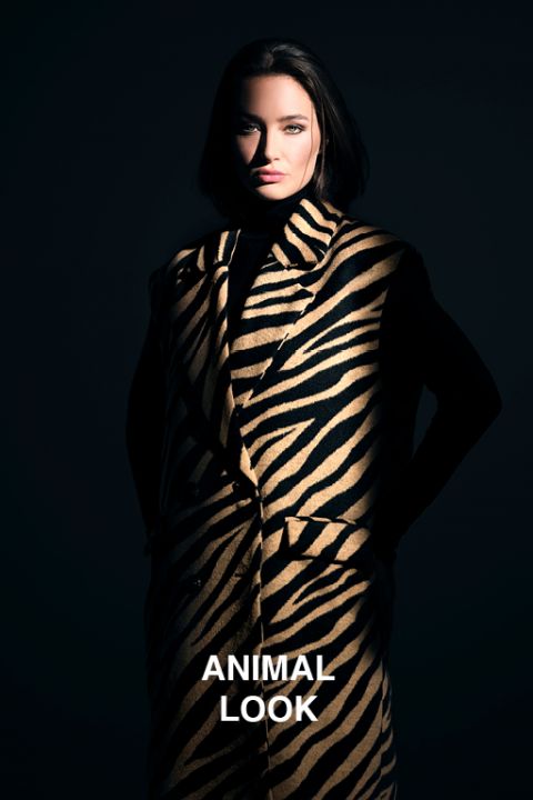 Eine Person steht vor einem dunklen Hintergrund, der von dramatischer Beleuchtung erhellt wird. Sie trägt einen langen Mantel mit einem auffälligen Zebramuster. Der Text auf dem Bild lautet „ANIMAL LOOK“.