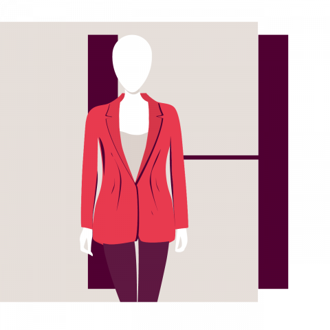 Illustration einer gesichtslosen Figur, die einen roten Blazer und dunkle Hosen vor einem geometrischen Hintergrund mit beigen und dunkelvioletten Formen trägt.