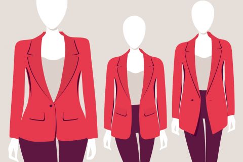Illustration von drei gesichtslosen Figuren, die rote Blazer und dunkle Hosen mit beigen Oberteilen tragen. Der Hintergrund ist hellbeige. Die Blazer haben unterschiedliche Ärmellängen, was einen stylischen Look ergibt.