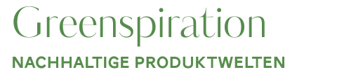 Das Bild zeigt den Text „Greenspiration“ in grüner Schrift, darunter steht „NACHHALTIGE PRODUKTWELTEN“ in Großbuchstaben. Der Hintergrund ist schlicht weiß.