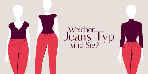 Illustration von drei gesichtslosen Figuren, die verschiedene Arten von roten Jeans und dunklen Oberteilen tragen. Der deutsche Text lautet „Welcher Jeans-Typ sind Sie?“ auf hellem Hintergrund.