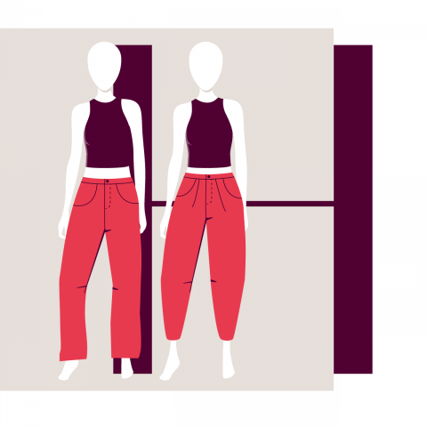 Abbildung von zwei gesichtslosen Schaufensterpuppen, die schwarze ärmellose Oberteile und rote Hosen mit hoher Taille tragen. Sie stehen vor einem geometrischen Hintergrund in Beige und Burgunder.