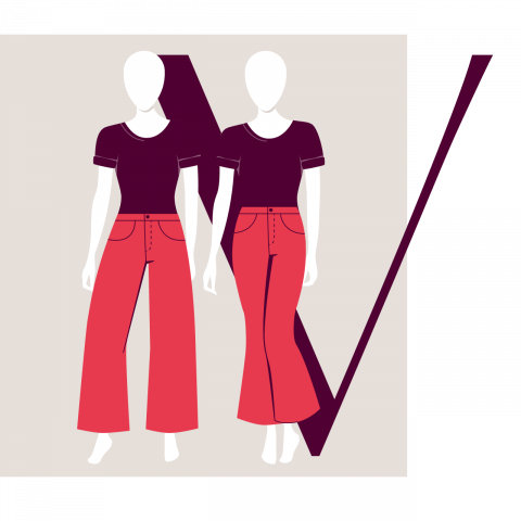 Abbildung zweier gesichtsloser Schaufensterpuppen mit schwarzen Oberteilen und roten Hosen. Eine Schaufensterpuppe trägt weite Hosen, die andere gerade, enge Hosen. Der Hintergrund zeigt stilisierte geometrische Muster in Dunkelrot und Beige.