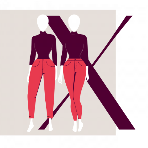 Illustration zweier stilisierter Figuren mit unterschiedlichen Körperformen, die kastanienbraune Oberteile und rote Hosen tragen und vor einem großen, dunkelkastanienbraunen Buchstaben „X“ auf beigem Hintergrund stehen.