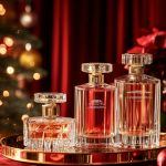 Drei elegante Parfümflaschen mit goldenen Verschlüssen stehen auf einem runden goldenen Tablett. Die Flaschen sind unterschiedlich groß und enthalten eine rote Flüssigkeit. Im Hintergrund sind rote Vorhänge und ein verschwommener Weihnachtsbaum mit Lichtern zu sehen, die für eine festliche Atmosphäre sorgen.
