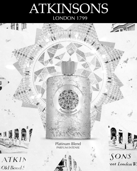 Ein luxuriöser Flakon des Atkinsons Platinum Blend Parfum Intense steht mittig auf einem gemusterten Hintergrund, dahinter ein strahlender, geometrischer Heiligenschein. Der Text darüber lautet „ATKINSONS LONDON 1799“.