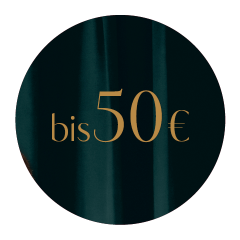 Ein kreisrundes Bild mit dunklem Hintergrund und dem Text „bis 50€“ in der Mitte, in Goldfarbe geschrieben.
