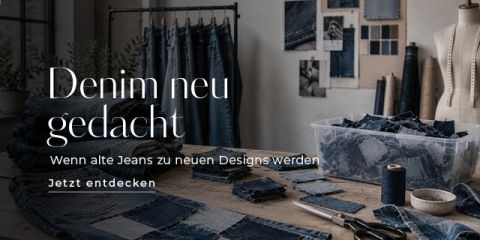 Ein Arbeitsbereich mit Denim-Stoffresten, alten Jeans, Werkzeugen und einer Schaufensterpuppe. Ein Text auf Deutsch wirbt für Upcycling-Jeans und neue Designs.