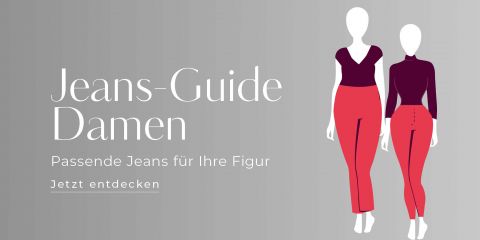 Illustration von zwei gesichtslosen Mannequins in roten Jeans vor einem grauen Hintergrund mit Farbverlauf. Text lautet: „Jeans-Guide Damen: Passende Jeans für Ihre Figur. Jetzt entdecken.“.