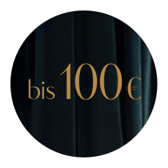 Ein runder schwarzer Hintergrund mit dem Text „bis 100 €“ in großer, edler Goldschrift.
