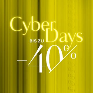 Ein leuchtend gelber und grüner Hintergrund mit dem Text „Cyber Days“ in Weiß und Gelb. Darunter steht in Weiß „BIS ZU -40%“, was auf eine Rabattaktion hinweist. Auf der rechten Seite sind vertikale Prozentsymbole schwach sichtbar.