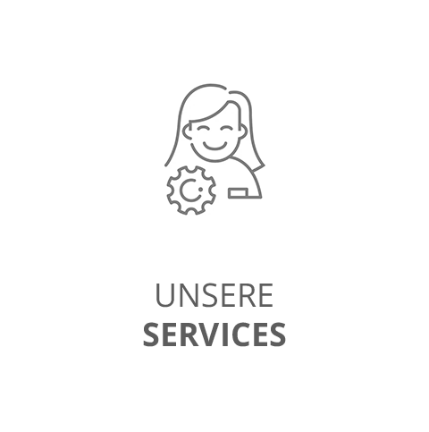 Strichzeichnung einer lächelnden Frau mit einem Zahnradsymbol davor, darüber der Text „UNSERE SERVICES“ auf Deutsch.