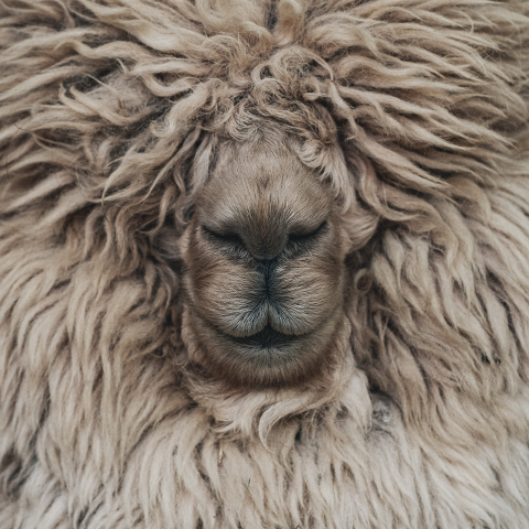 Nahaufnahme des flauschigen Gesichts eines Alpakas, bedeckt mit dicker, lockiger brauner Wolle. Nur seine Schnauze und sein Mund sind sichtbar, umgeben von dichtem Fell. Die Textur der Wolle erzeugt ein symmetrisches und abstraktes Muster.