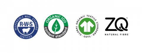 Logos der Zertifizierungen für Textilien, von links nach rechts: Responsible Wool Standard (blauer Kreis mit Schafsymbol), Organic 100 Content Standard (grünes Blattsymbol), Global Organic Textile Standard (grüner Pfeil) und ZQ Natural Fibre.
