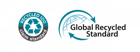Logos für Recyclingstandards. Das linke Logo zeigt den „Recycled 100 Claim Standard“ mit einem Recyclingsymbol. Das rechte Logo zeigt den „Global Recycled Standard“ mit einem Globus, der von zwei Pfeilen umgeben ist, die eine Schleife bilden.