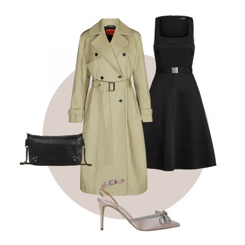 Ein schickes Outfit bestehend aus einem beigen Trenchcoat, einem ärmellosen schwarzen Kleid, einer schwarzen Clutch und eleganten beigen High Heels mit Schleifendetail.