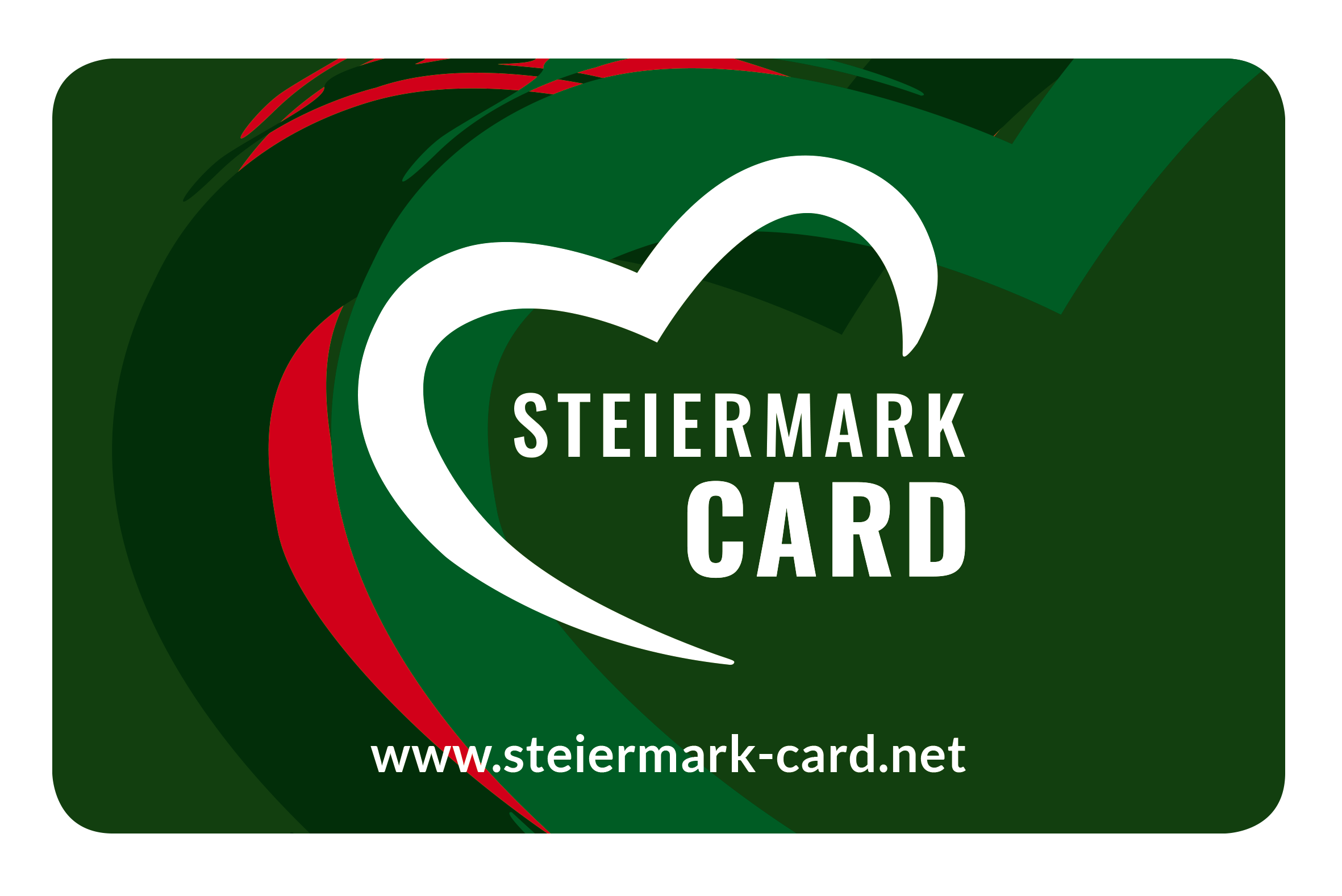 Ein rechteckiges Kartendesign mit dunkelgrünem Hintergrund und roten Akzenten. Ein großes weißes Herz umrandet den fettgedruckten Schriftzug „Steiermark Card“. Unten befindet sich die Website „www.steiermark-card.net“.