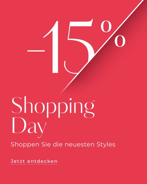 Rotes Werbeplakat mit großem „-15%“ in der oberen rechten Ecke. Darunter steht in weißer Schrift „Shopping Day“ und „Shoppen Sie die neuesten Styles“. Der Satz „Jetzt entdecken“ ist unten orange hervorgehoben.