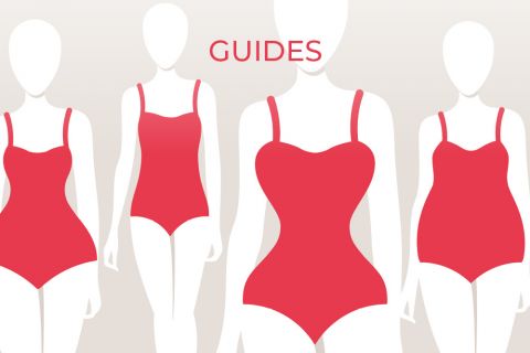 Stilisierte Illustration von vier Schaufensterpuppen in roten Badeanzügen. Sie haben unterschiedliche Körperformen, was die Vielfalt der Passform betont. Darüber steht das Wort „Guides“. Der Hintergrund ist ein leichter Farbverlauf.