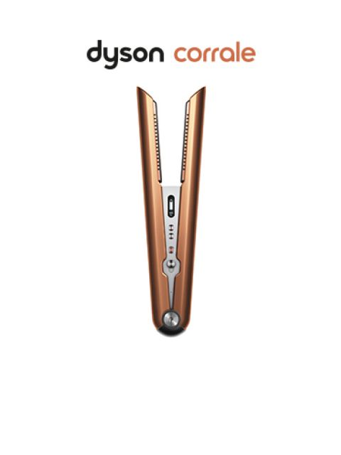 Ein eleganter Dyson Corrale Haarglätter in Kupfer und Schwarz, vertikal auf weißem Hintergrund. Das Dyson-Logo befindet sich über dem Gerät und unterstreicht sein modernes Design und seine fortschrittlichen Funktionen.