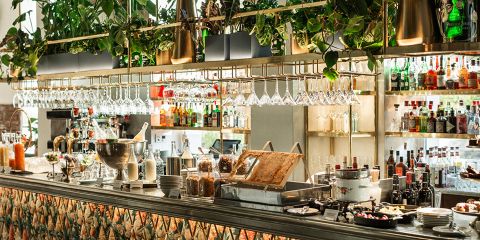 Eine gut ausgestattete Bar mit hängenden Weingläsern, Alkoholflaschen und verschiedenen Mixgetränken. Frische Pflanzen schmücken die Oberseite und eine Auswahl an Lebensmitteln, darunter Brot und Beilagen, wird auf der Theke präsentiert. Stimmungsvolles Licht sorgt für eine gemütliche Atmosphäre.