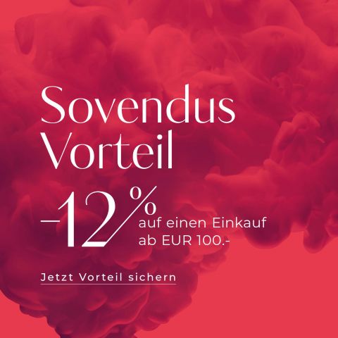 Text auf rotem, rauchigem Hintergrund mit einem „Sovendus Vorteil“ von „-12 % auf einen Einkauf ab EUR 100,-“ mit dem Vorschlag „Jetzt Vorteil sichern“.
