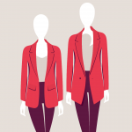 Illustration von zwei gesichtslosen Figuren, die rote Blazer über beigen Oberteilen tragen. Die Figuren stehen nebeneinander und zeigen unterschiedliche Blazerlängen. Der Hintergrund hat eine helle, neutrale Farbe.
