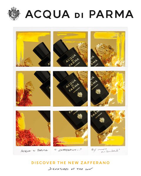 Ein Raster aus neun Quadraten präsentiert den neuen Zafferano-Duft von Acqua di Parma. Jedes Quadrat zeigt ein Fragment der schwarzen Parfümflasche auf einem goldenen Hintergrund mit roten und goldenen Akzenten. Der Text lautet: „Entdecken Sie das neue Zafferano, Signaturen der Sonne.“.