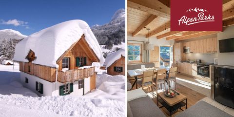 Geteiltes Bild: Links ist eine schneebedeckte Holzhütte in einer Bergregion unter einem klaren blauen Himmel zu sehen. Rechts ist der Innenraum mit einem Esstisch, Stühlen und einer modernen Küche zu sehen. Das AlpenParks-Logo befindet sich in der oberen rechten Ecke.