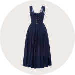 Marineblaues, ärmelloses Kleid mit tailliertem Mieder, Schnürung vorne und knöchellangem Rock auf neutralem, kreisförmigem Hintergrund.