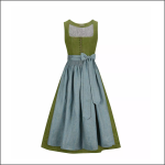 Ein ärmelloses grünes Kleid mit tailliertem Mieder, Knopfleiste und einem vollen hellblauen Rock. Das Kleid ist mit einer passenden blauen Schärpe versehen, die in der Taille mit einer Schleife gebunden wird und auf einem schlichten weißen Hintergrund zu sehen ist.