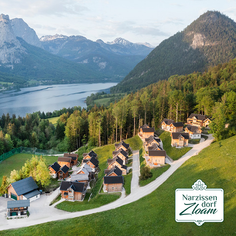 Ein malerisches Dorf namens Narcissendorf Zloam, umgeben von üppigen grünen Bäumen und Bergen. Mehrere rustikale Holzhäuser liegen an gewundenen Feldwegen. Im Hintergrund ist ein ruhiger See unter einem klaren blauen Himmel zu sehen.