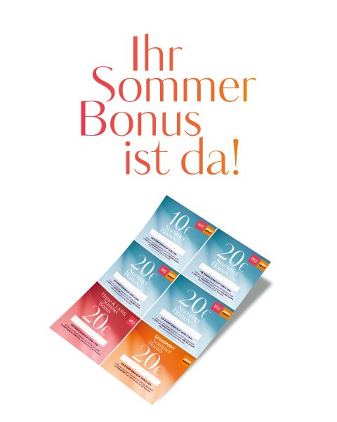 „Ihr Sommerbonus ist da!“ wird angezeigt. Die Karten und der Text sind auf einem weißen Hintergrund angeordnet.