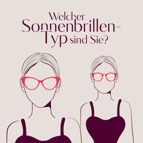 Abbildung von zwei gesichtslosen Frauen mit roten Sonnenbrillen und schwarzen Kleidern. Der Text oben lautet auf Deutsch: „Welcher Sonnenbrillen-Typ sind Sie?“.