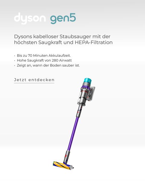 Bild eines kabellosen Dyson Gen5-Staubsaugers mit violettem und silbernem Design, montiert auf einer Wandladestation. Deutscher Text beschreibt die Funktionen: bis zu 70 Minuten Laufzeit, hohe Saugleistung mit 280 Airwatt und HEPA-Filterung.