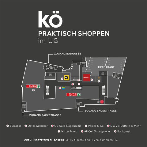 Ein Lageplan eines Einkaufsviertels namens „kö“, auf dem verschiedene Geschäfte und Eingänge zu sehen sind. Bemerkenswerte Geschäfte sind Eurospar, Optik Wutscher und Mister Minit. Die Eingänge sind als Badgasse und Sackstraße gekennzeichnet. Öffnungszeiten und Beschriftungen sind auf Deutsch.