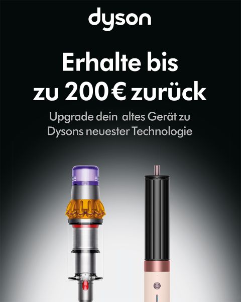 Dyson-Werbung in deutscher Sprache, in der bis zu 200 € Cashback für die Umrüstung auf neue Dyson-Technologie angeboten werden, mit Bildern von zwei Dyson-Geräten vor einem dunklen Hintergrund.
