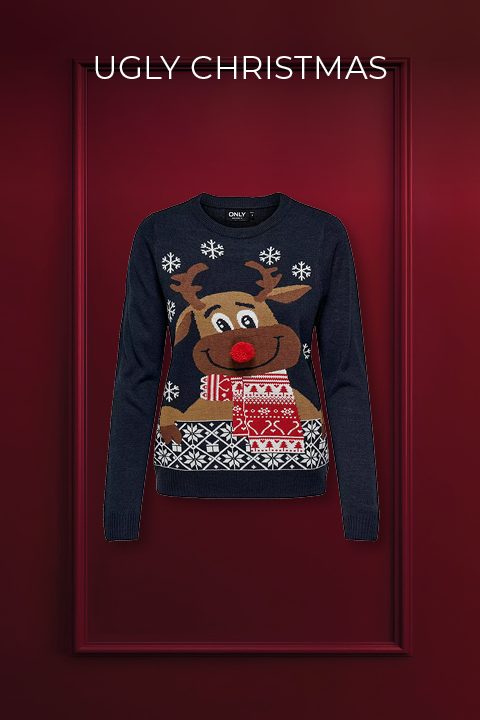 Ein festlicher Weihnachtspullover mit Rentiermotiv, einer roten Bommelnase und einem rot-weiß gemusterten Schal auf dunkelrotem Hintergrund. Oben ist der Text „UGLY CHRISTMAS“ zu sehen.