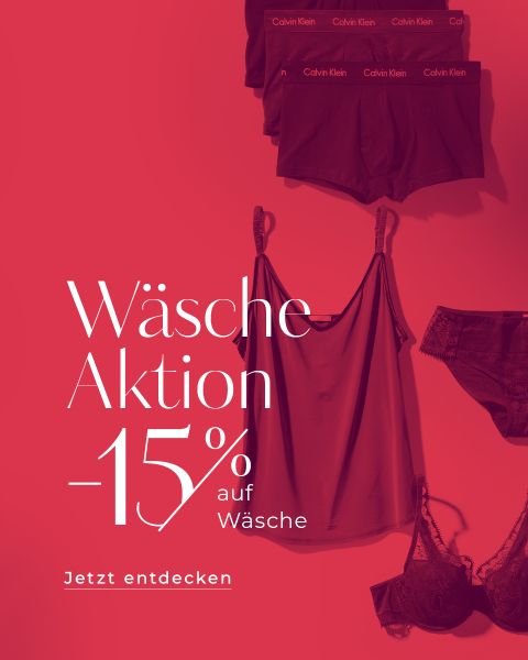Eine rot getönte Werbung mit Calvin Klein-Dessous. Der Text lautet „Wäsche Aktion -15 % auf Wäsche. Jetzt entdecken“, was auf einen Rabatt von 15 % auf Unterwäsche hinweist. Zu den gezeigten Kleidungsstücken gehören BHs, Höschen und ein Leibchen.