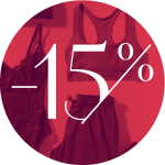 Rabattbild mit einem roten Kreis und „-15 %“ in großem weißen Text. Im Hintergrund sind ein Sport-BH, ein Spitzentop und eine Hose zu sehen, was auf einen Ausverkauf von Kleidung hindeutet.
