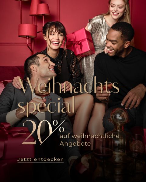 Eine Gruppe von vier Personen sitzt fröhlich zusammen und hält Getränke und Geschenke in einer festlichen Umgebung mit roten und goldenen Dekorationen. Der deutsche Text wirbt für ein Feiertags-Special mit 20 % Rabatt auf Weihnachtsangebote.